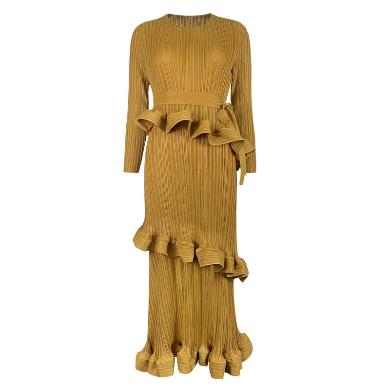 High quality long sleeve dress with ruffles and pleated bow