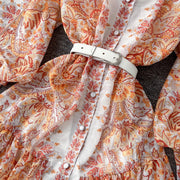 Retro bohemian paisley print dress with long lantern sleeves and high quality belt