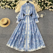 Retro bohemian paisley print dress with long lantern sleeves and high quality belt