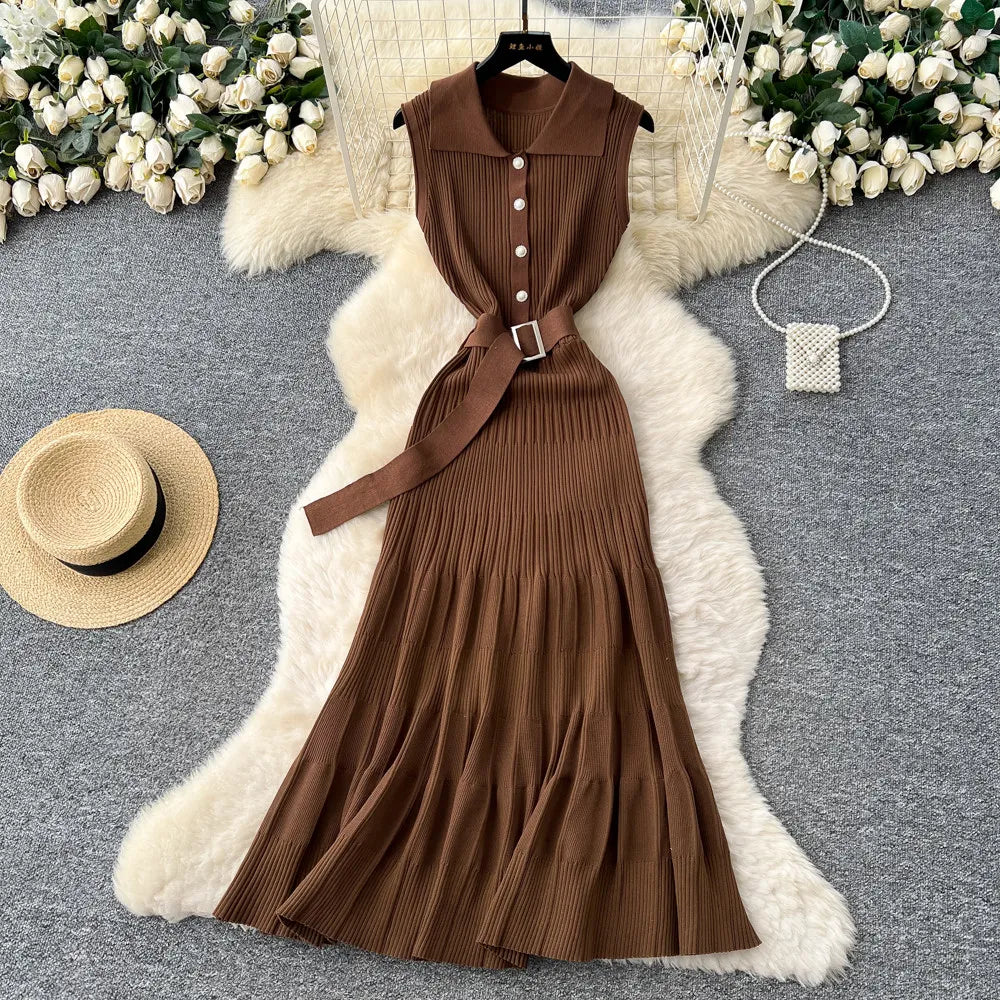 Ribbed Knit Dress Sleeveless Lapel Belt French Ins Chic Spring Summer Celebrity Style Feminine A-line Long Dress