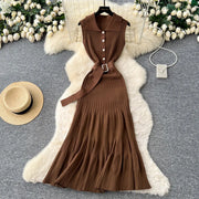 Ribbed Knit Dress Sleeveless Lapel Belt French Ins Chic Spring Summer Celebrity Style Feminine A-line Long Dress
