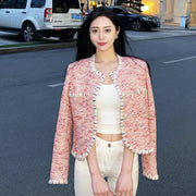Spring New Women Slim Fit Spliced Tweed Jacket French Style Office Lady Work Outwear Coat O Neck Pockets Crystal Buttons Jacket