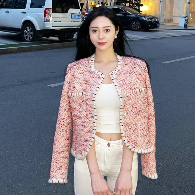 Spring New Women Slim Fit Spliced Tweed Jacket French Style Office Lady Work Outwear Coat O Neck Pockets Crystal Buttons Jacket