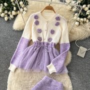 Elegant Knit Patchwork Two Pieces Sets Chic Vintage Cardigan High Waist Mesh Mermaid Skirt Casual Vacation Sets