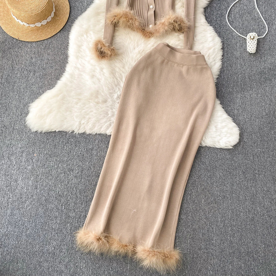 Basic Sets V-Neck Button-Down Knitted Blouse + High Quality Elastic Waist Bodycon Skirt