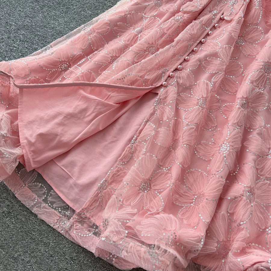Spring Autumn French High-end Women's Dress New Lace Embroidery Glitter Lantern Sleeve Single Breasted Party Birthday Dress