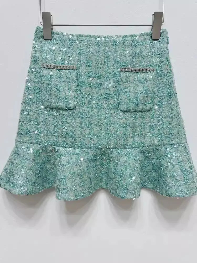 Shiny Diamonds Sequins Elegant Slim Fit Office Ladies Tweed Short Jacket High Waist A-Line Skirts Women Fashion Two Piece Set