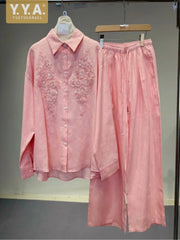 Spring Summer Women Embroidered Linen Sets Loose Fit Long Sleeve Shirt Outfits Elastic Waist Wide Leg Floor Pants Two Piece Set