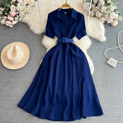 Elegant French turn-down collar short-sleeved dress with high-quality belt