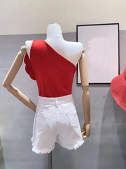 High Quality 3D Flower Applique Designer One Shoulder Bodycon Top