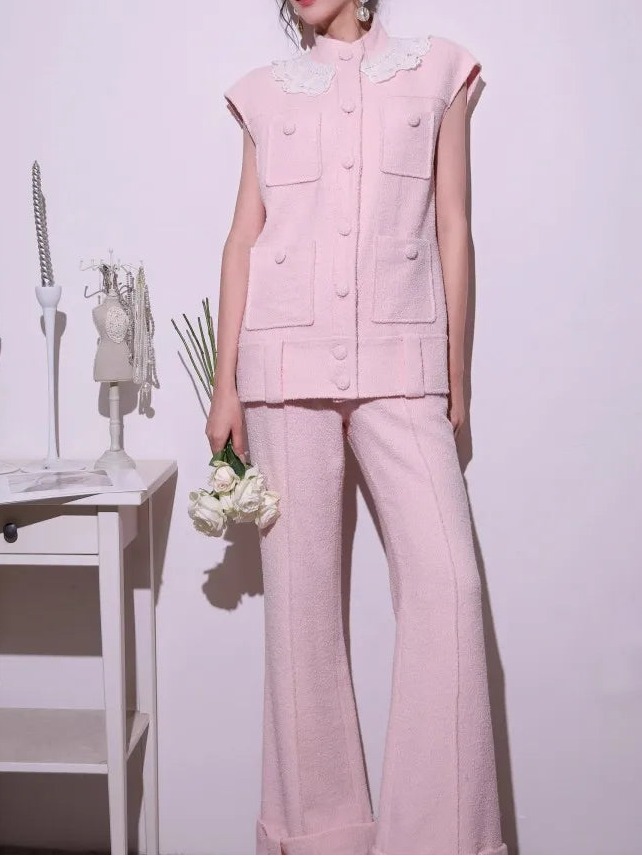 Sweet Pink Lace Collar Women Vest Sets Loose Fit Multi Pocket Sleeveless Jacket Two-Piece Set Full Length Wide Leg Pant Outfits