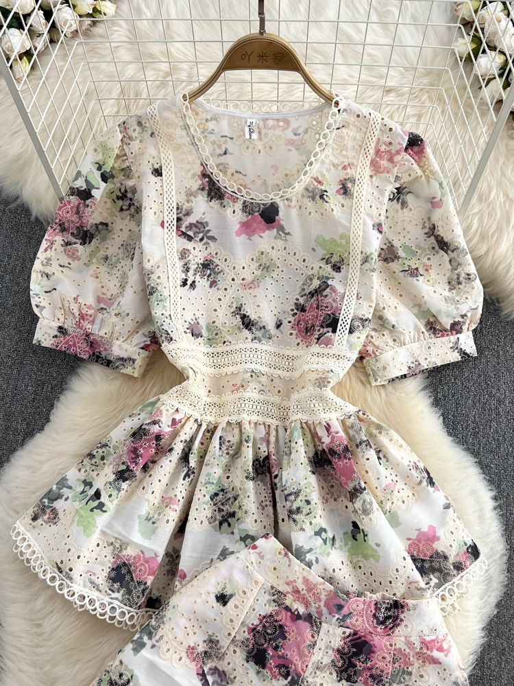 Flower Embroidery Lace Shorts Set Elegant Lantern Sleeve Shirt+Wide Leg Shorts High Quality