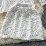 Retro Two Piece Set Hollow Out Long Sleeve Shirt+High Quality Mini Skirts