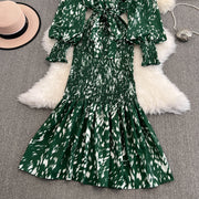 Retro Sweet V Neck Slim Lace -up Print Autumn Summer Elegant Elastic Dress A-line Long Sleeve Vacation Women Mermaid Dresses