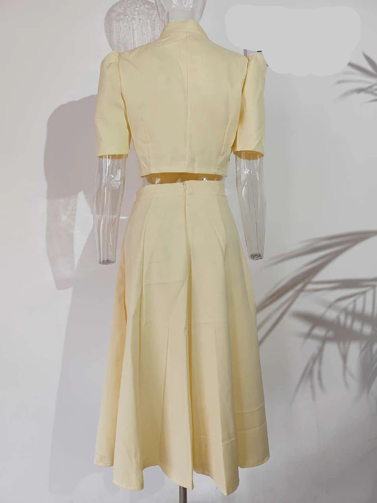 New Autumn Summer Fashion Celebrity Temperament Suit Women's Single Breasted Short Sleeved Top Medium Long Skirt
