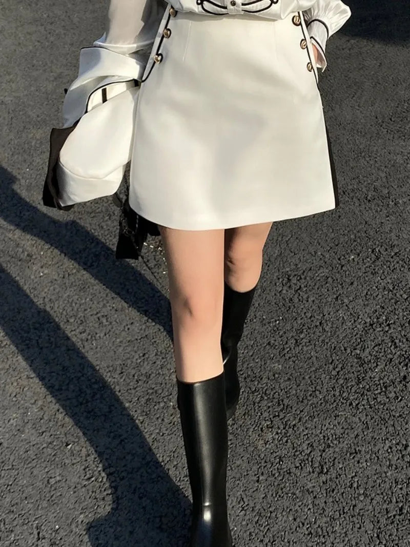 British Style Office Ladies White Suit Jacket Skirt Two Piece Set Slim Fit New Designer Jacket A-Line Skirt Women Matching Set