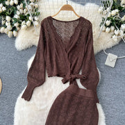 Two Piece Sets Women Skirt Set Full Sleeve Tops Long Skirts A Line High Waist  Streetwear Hollow Out Knit Work Autumn