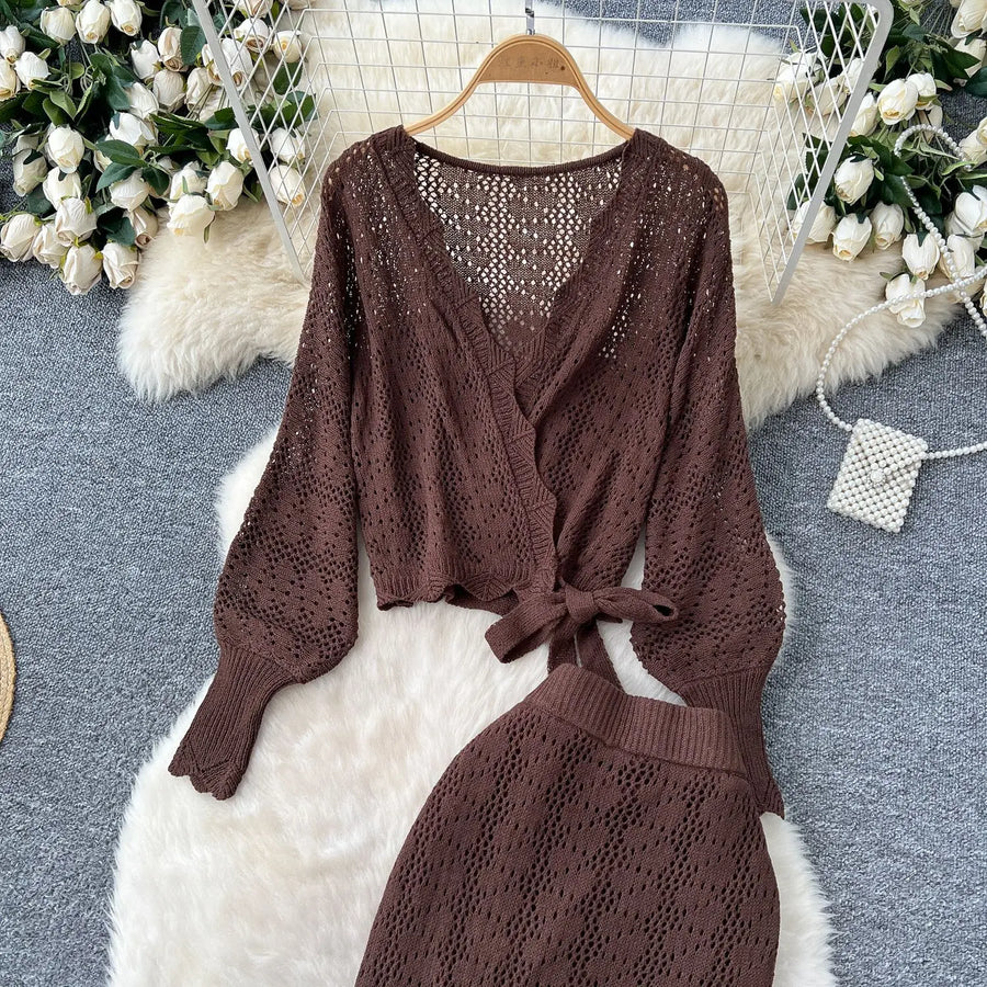 Two Piece Sets Women Skirt Set Full Sleeve Tops Long Skirts A Line High Waist  Streetwear Hollow Out Knit Work Autumn