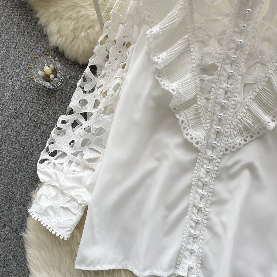 High Quality Pearl Long Sleeve Embroidered Blouse