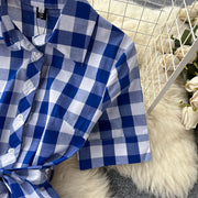Blue and White Plaid Shirt Dress Short Sleeve Cross Sashes Lace Up Vintage Midi High Quality