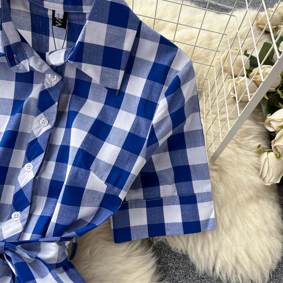 Blue and White Plaid Shirt Dress Short Sleeve Cross Sashes Lace Up Vintage Midi High Quality