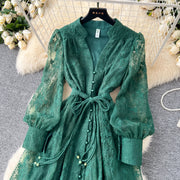 High-end vintage elegant V-neck long-sleeved dress