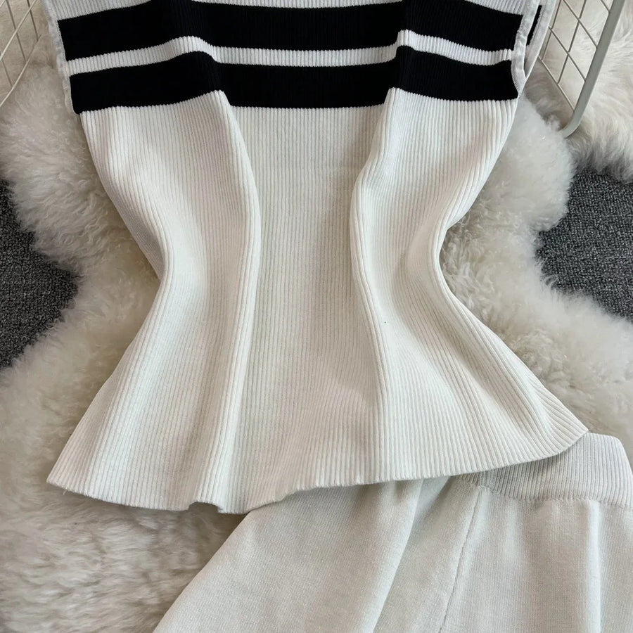 Pant Set Women Two Piece Sets Matching Sets Sleeveless Knitted Slim Fit Tops Wide Leg Long Pants High Elastic Waist Casual