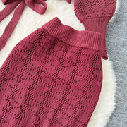 Two Piece Sets Women Skirt Set Full Sleeve Tops Long Skirts A Line High Waist  Streetwear Hollow Out Knit Work Autumn