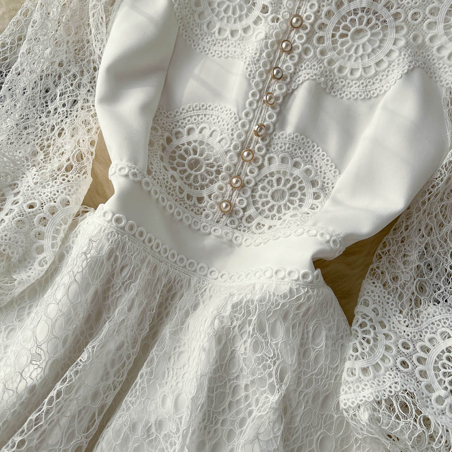 Vintage Flowers Embroidered Hollow Out Lace Dress High Neck Long Lantern Sleeve High Quality Pearl Buttons