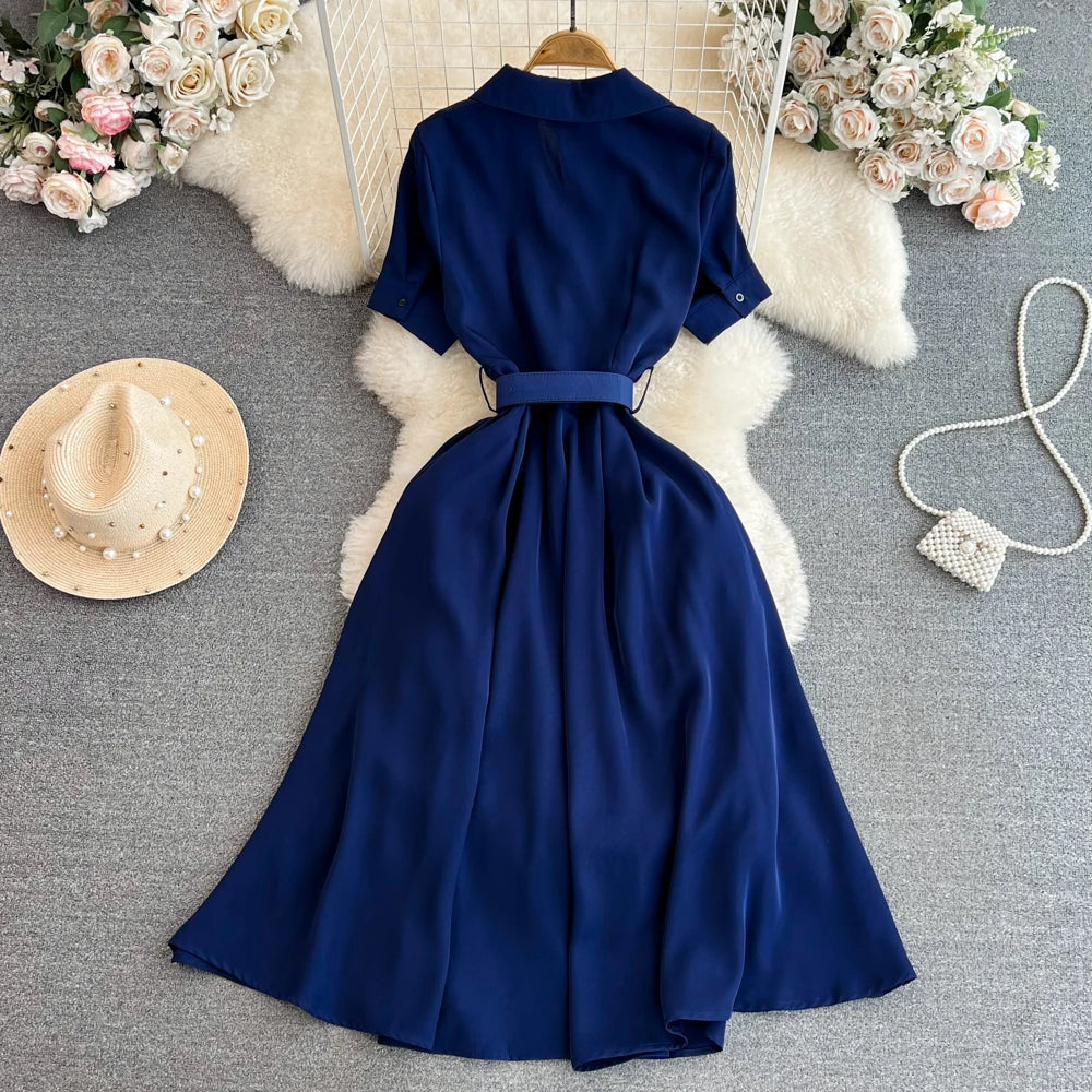 Elegant French turn-down collar short-sleeved dress with high-quality belt