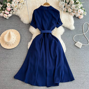 Elegant French turn-down collar short-sleeved dress with high-quality belt