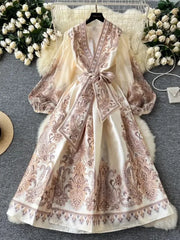 High-quality paisley print patchwork wrap puff sleeve maxi party dress