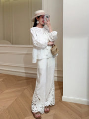 Female New High Waist Linen Sets Thin Pant Outfits O-Neck Elegant Sleeveless Tops Hollow-Out Embroidery Women Two-Piece Vest Set