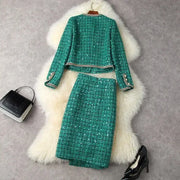 Women Elegant Vintage Tweed Fragrant Suit Jacke Coat Top And Skirt Two Piece Set Green Outfit Winter Jacquard Party Clothing