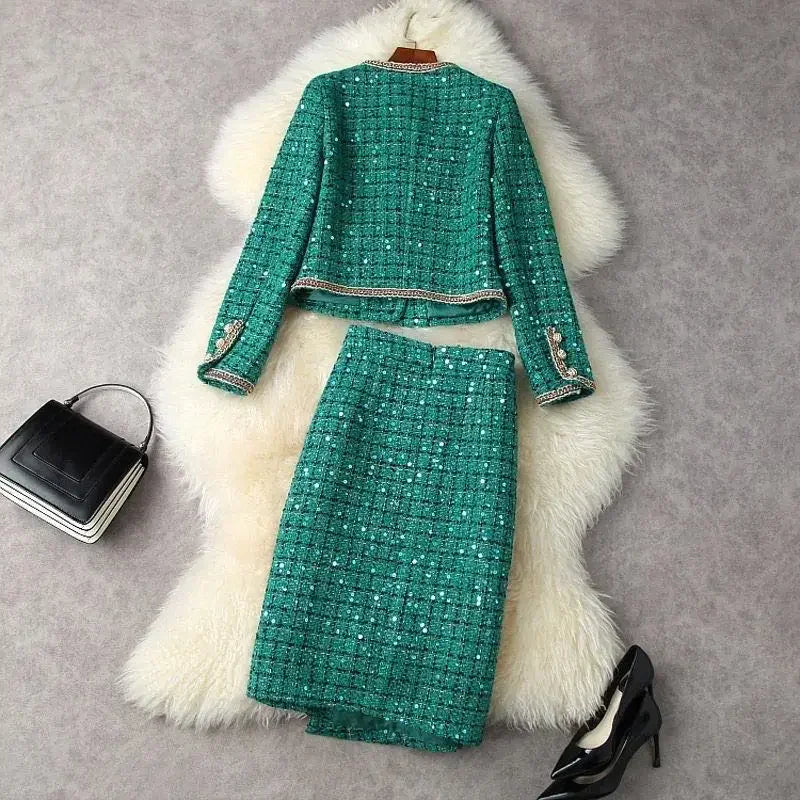 Women Elegant Vintage Tweed Fragrant Suit Jacke Coat Top And Skirt Two Piece Set Green Outfit Winter Jacquard Party Clothing