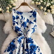 Fashion Elegant Print Sleeveless Dress Women 2026 Summer New Slim Waist Gown Ball Big Swing Robe Fresh Temperament Vestidos