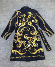 High quality vintage yellow flower print double breasted belt elegant coat.