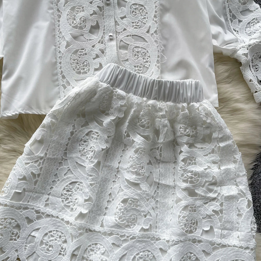 Retro Two Piece Set Hollow Out Long Sleeve Shirt+High Quality Mini Skirts
