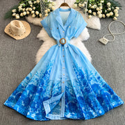 Summer Women Printed Long Dress Beach Vacation Notched Collar Single Breasted Short Sleeve A-Line Maxi Vestidos Female Robe
