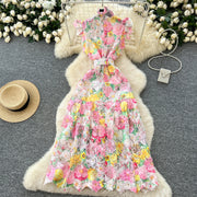 Elegant vintage fitted openwork lace evening dress with high-quality printed buttons