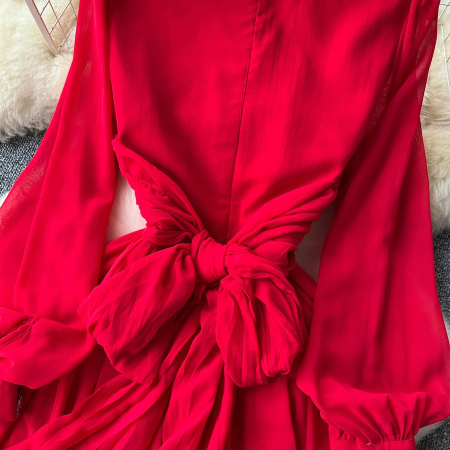 HIGH QUALITY Summer Retro Print Round Neck Flare Sleeve Elegant Pleated Dress