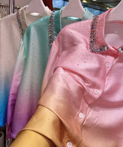 Fashion Gradient Rhinestone Mercerized Cotton Blouse  Spring Rhinestone Lapel Long Sleeve Single-Breasted Shirt for Women