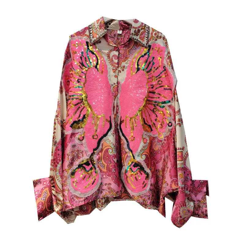 High Quality Batwing Sleeve Loose Fit Floral Embroidery Sequined Shirts