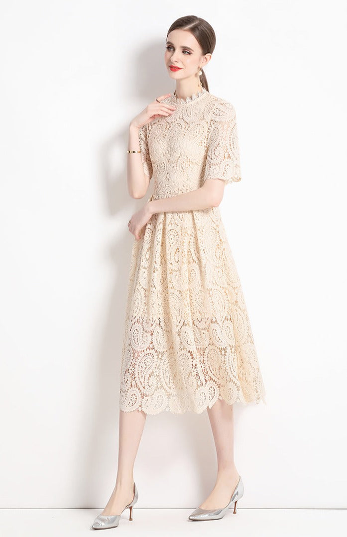 High Quality Hollow Out Short Sleeve Vintage Solid Midi Length Embroidery Lace Elegant Dresses