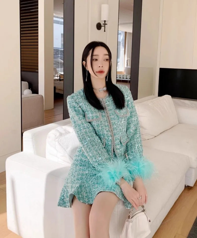 Shiny Diamonds Sequins Elegant Slim Fit Office Ladies Tweed Short Jacket High Waist A-Line Skirts Women Fashion Two Piece Set