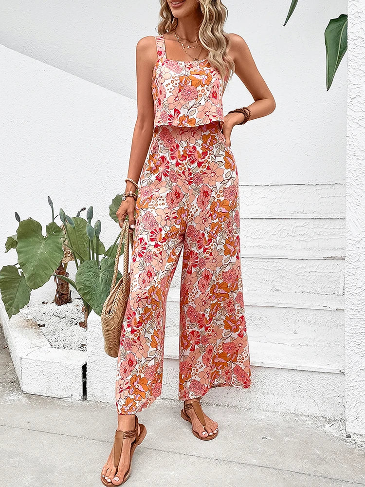 High Quality Sleeveless Casual Floral Backless Wide Leg Elegant Long Jumpsuit