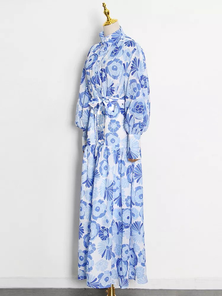 Floral Print Stand Collar Long Sleeve High Waist Slimming One Button High Quality Maxi Dress
