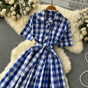 Blue and White Plaid Shirt Dress Short Sleeve Cross Sashes Lace Up Vintage Midi High Quality