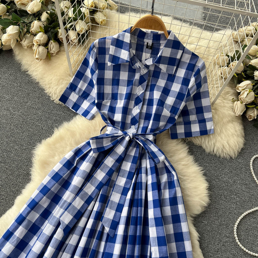 Blue and White Plaid Shirt Dress Short Sleeve Cross Sashes Lace Up Vintage Midi High Quality