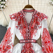 Spring Autumn Women Short Dress Runway V-Neck Long Lantern Sleeve Single Breasted High Waist Party Vestidos A2297